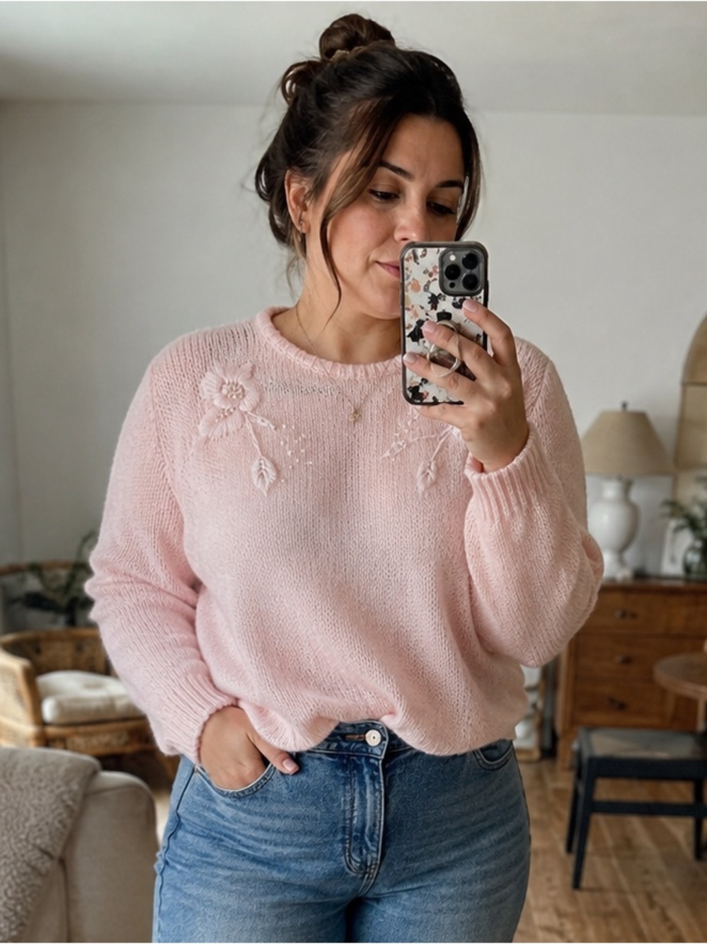 Mariposa Soft Pink Sweater with Floral Details
